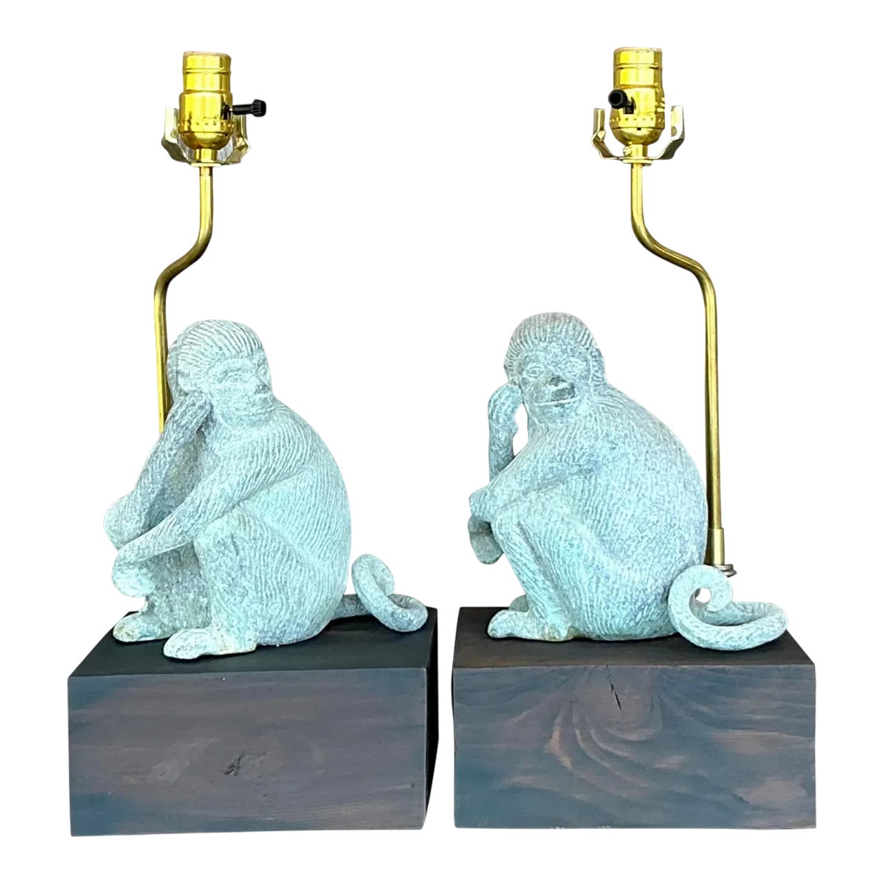 Vintage Boho Patinated Metal Monkeys Lamps - A Pair