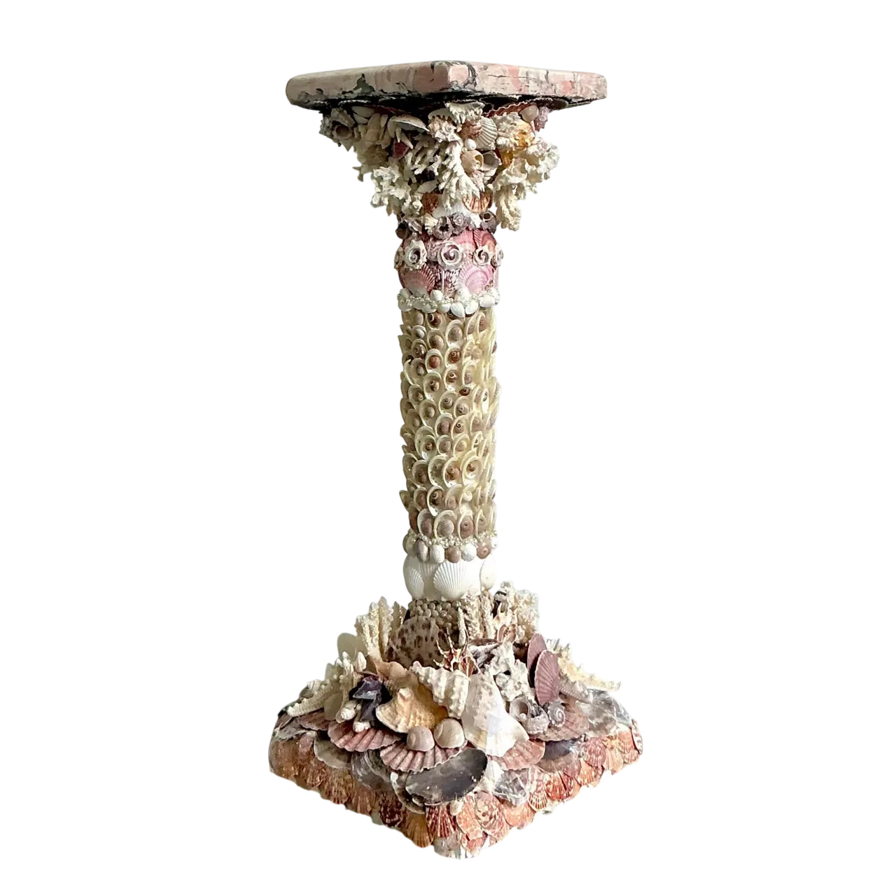 Vintage Coastal Shell Encrusted Pedestal With Scagliola Top