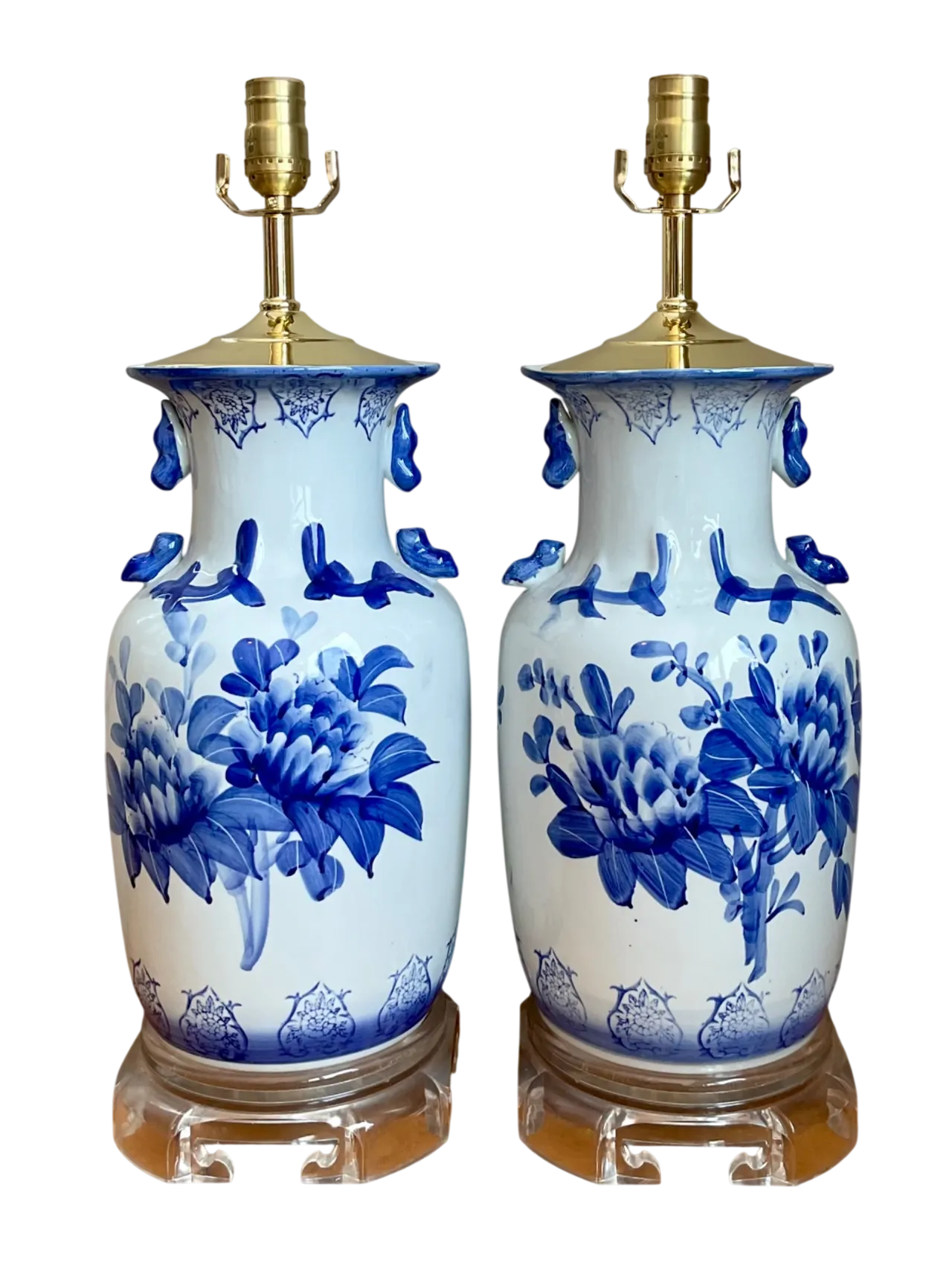 Vintage Blue and White Ceramic Table Lamps - A Pair