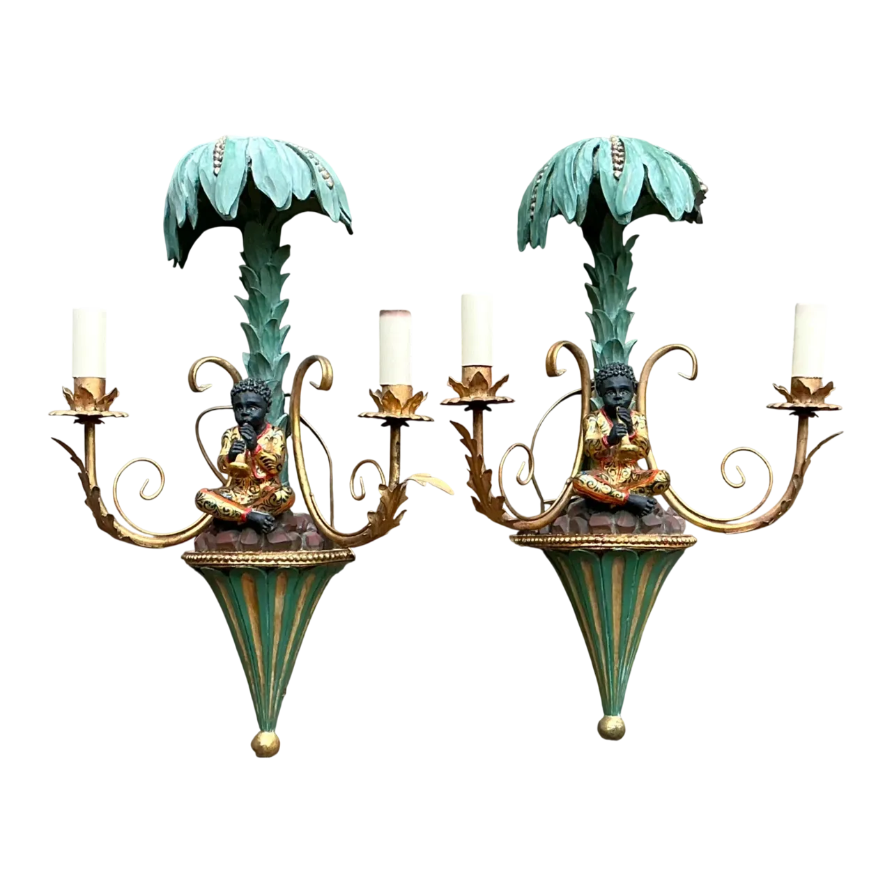 Vintage Regency Blackamoor Tole Sconces - A Pair
