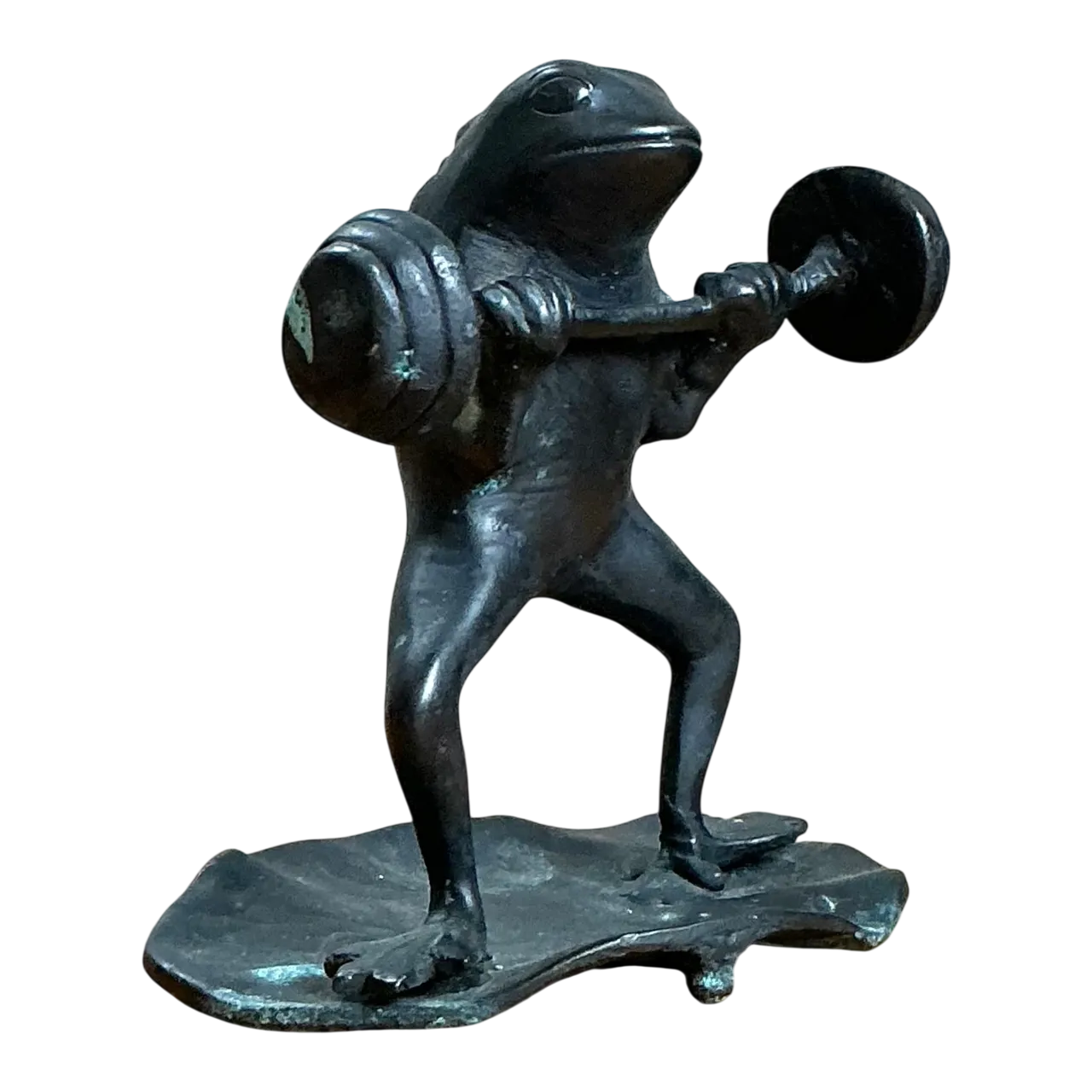 Vintage Frog Lifting Weights Bronze Figurine