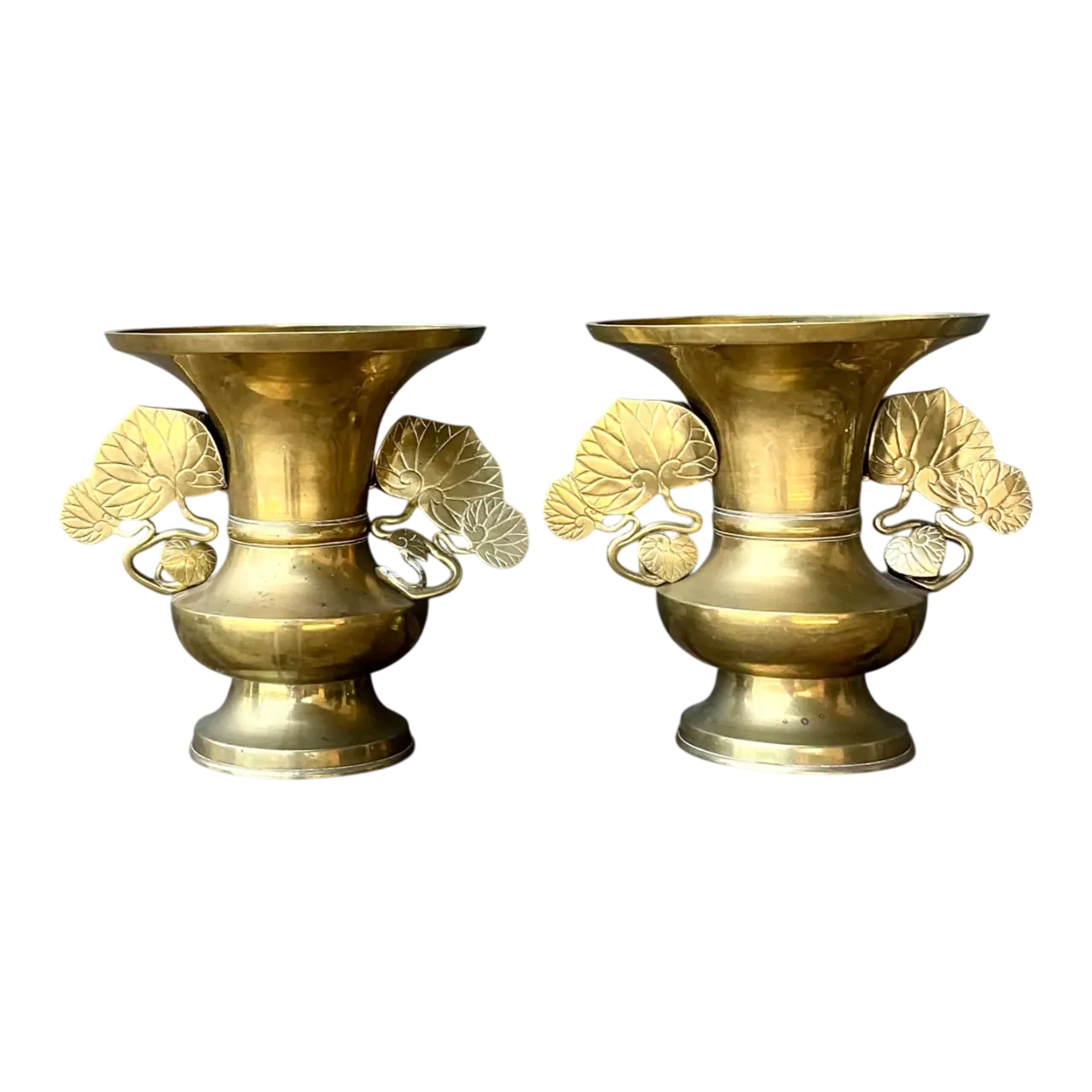 Vintage Brass Ginko Motif Vases - A Pair