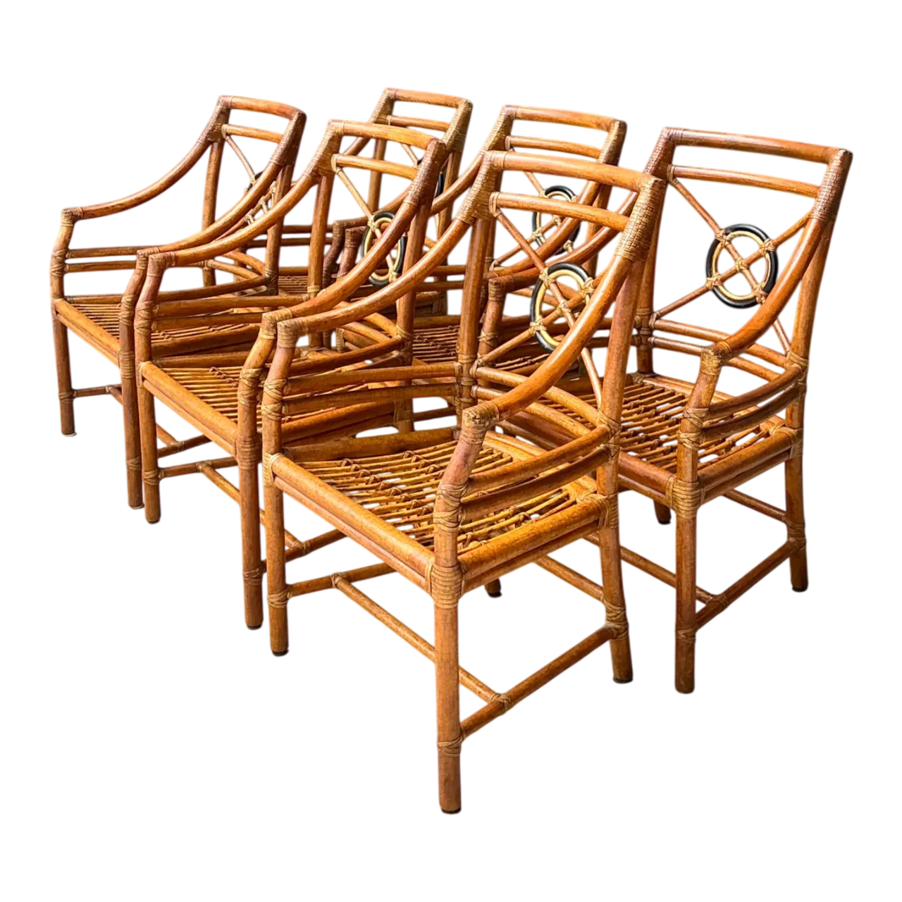 Vintage McGuire Target Back Rattan Dining Chairs - Set Of 6