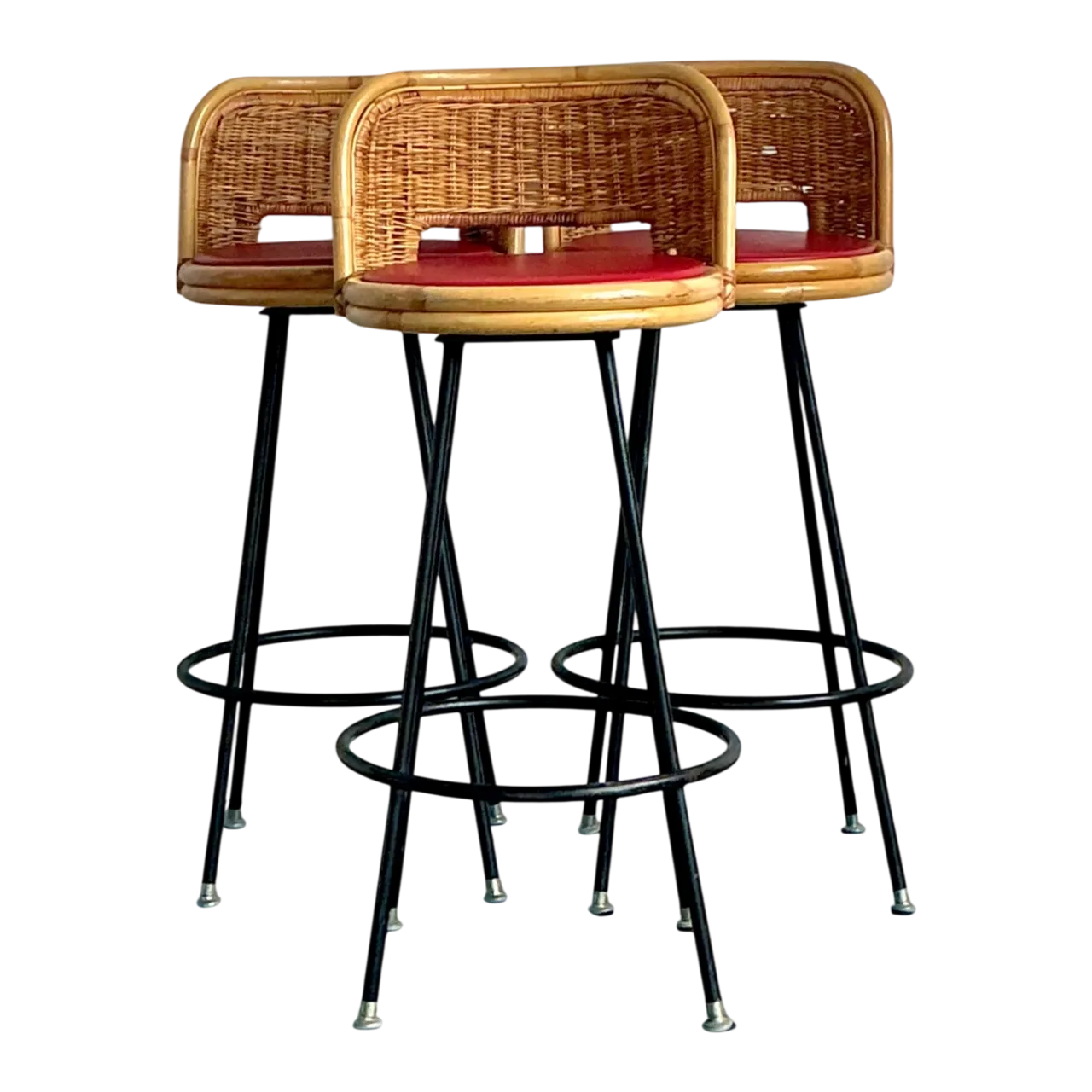 Vintage Rattan and Metal Bar Stools - Set of 3