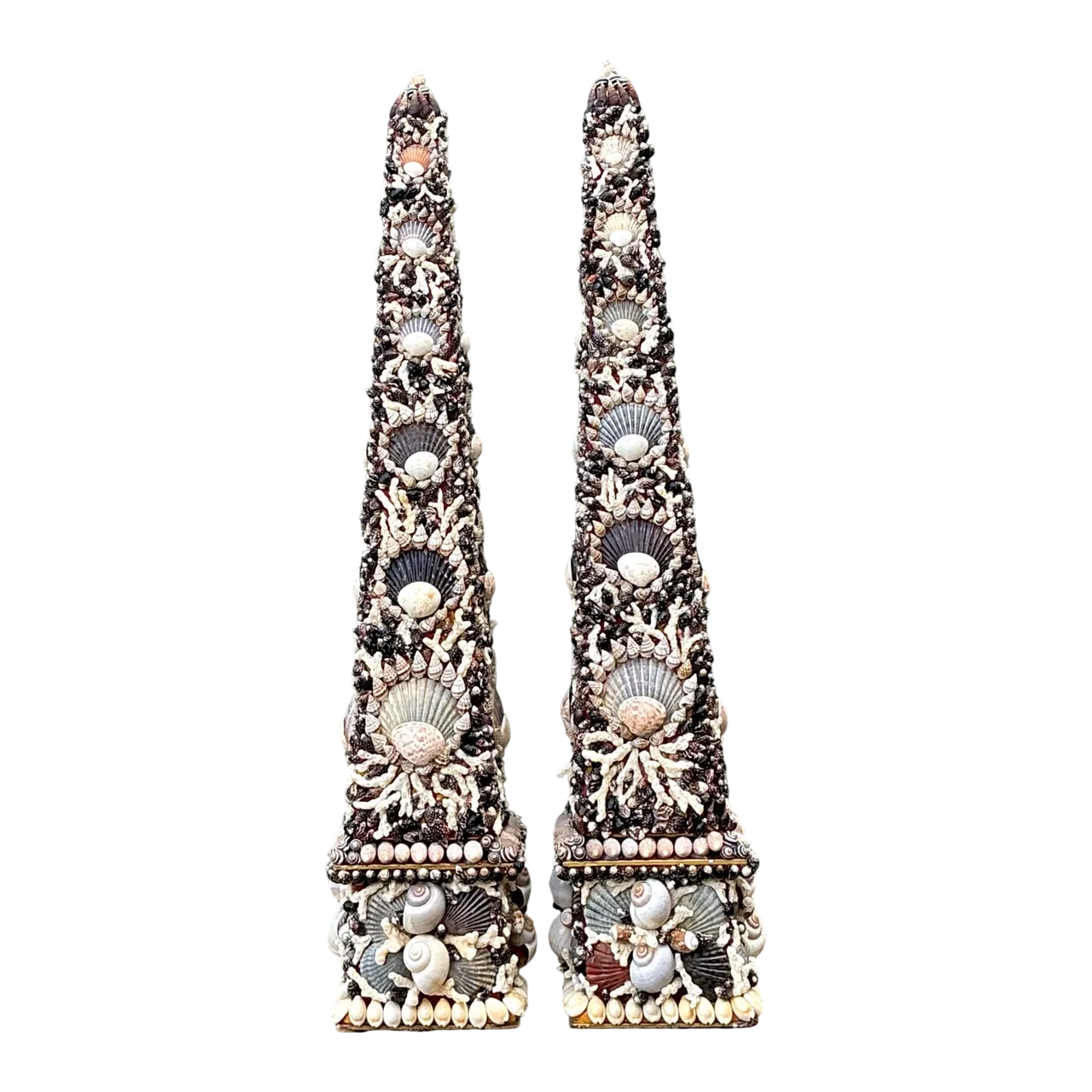 Vintage Shell Encrusted Obelisks - A Pair