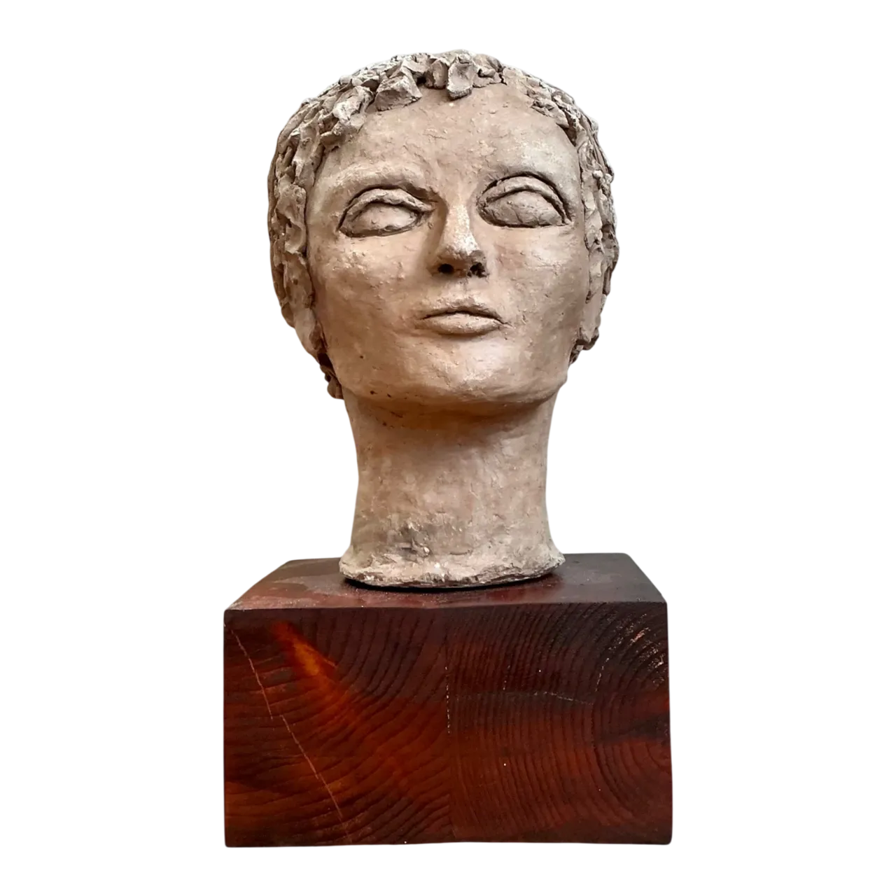 Vintage Plaster Head Sculpture on Wood Base - Plaster, 7W x 13.25H
