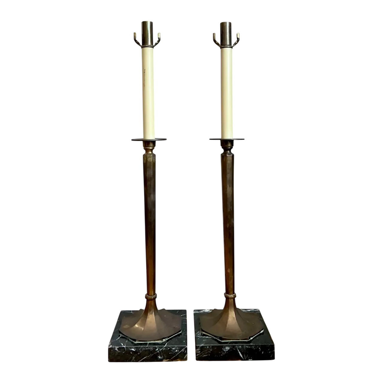 Vintage Chapman Brass and Marble Candlestick Lamps - A Pair