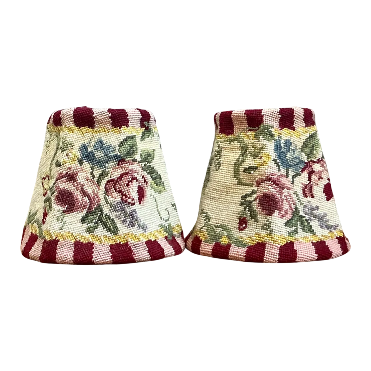 Vintage Needlepoint Floral Lamp Shades Pair