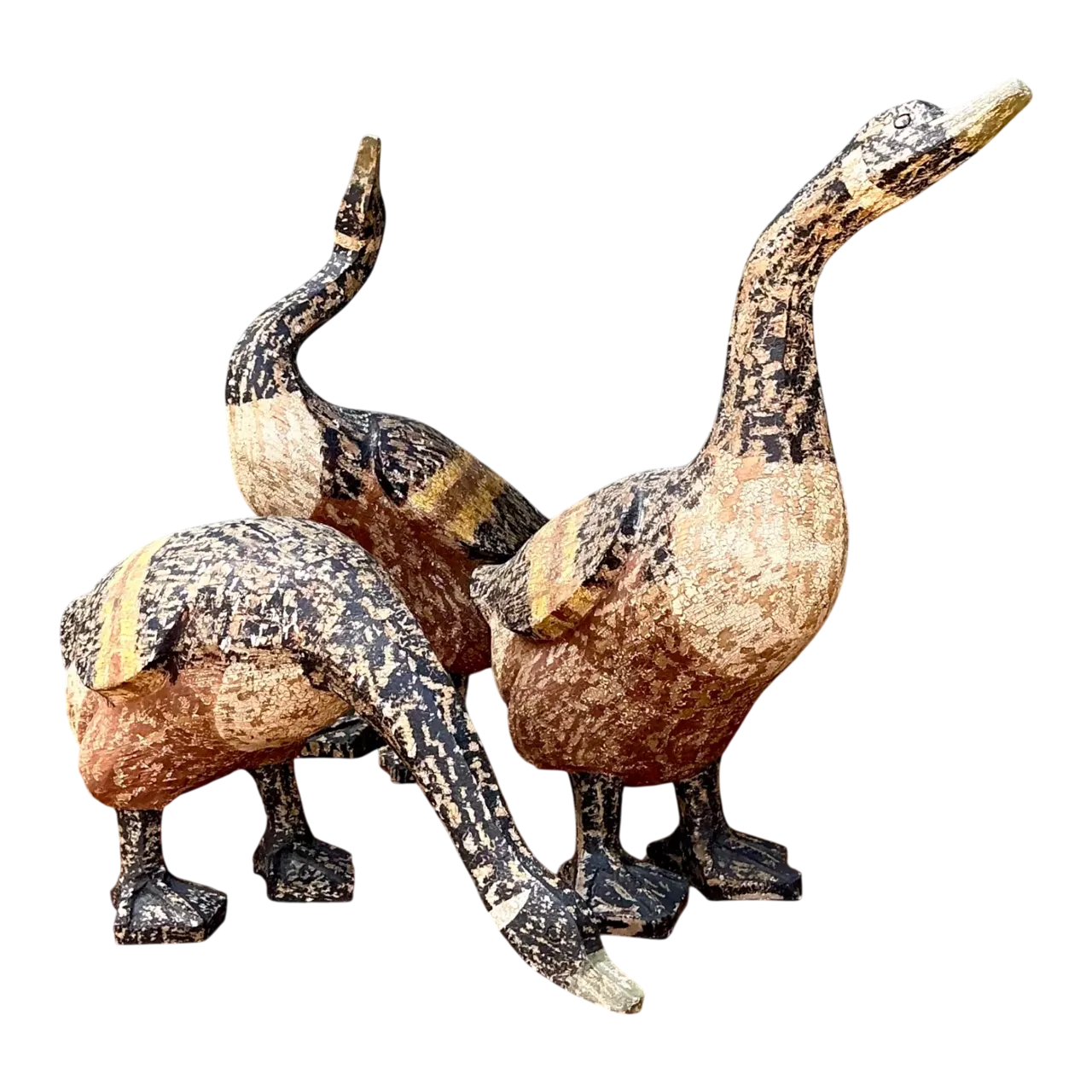 Vintage Carved Wood Goose Sculptures - Set of 3