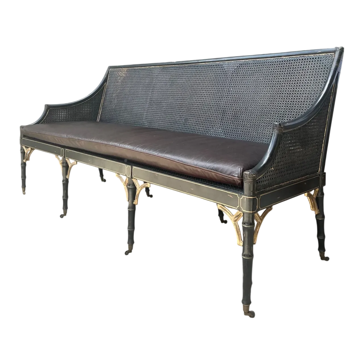 Vintage Leather Cushion Cane Settee
