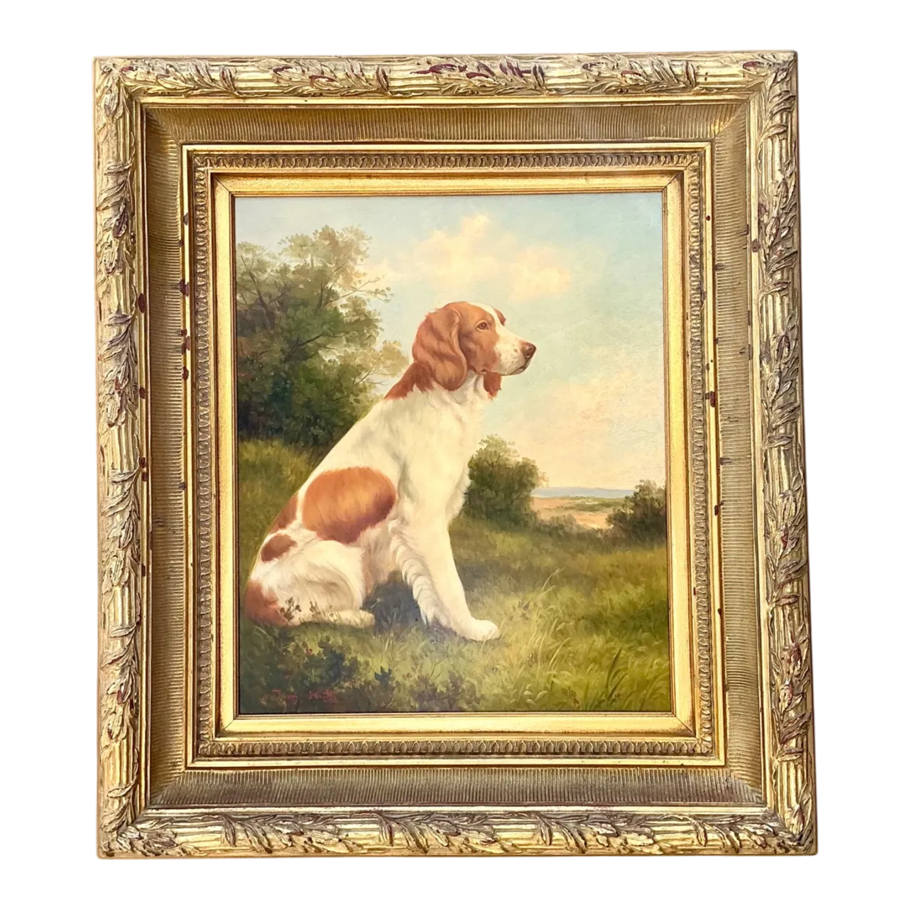 Vintage Landscape Oil Painting with Dog