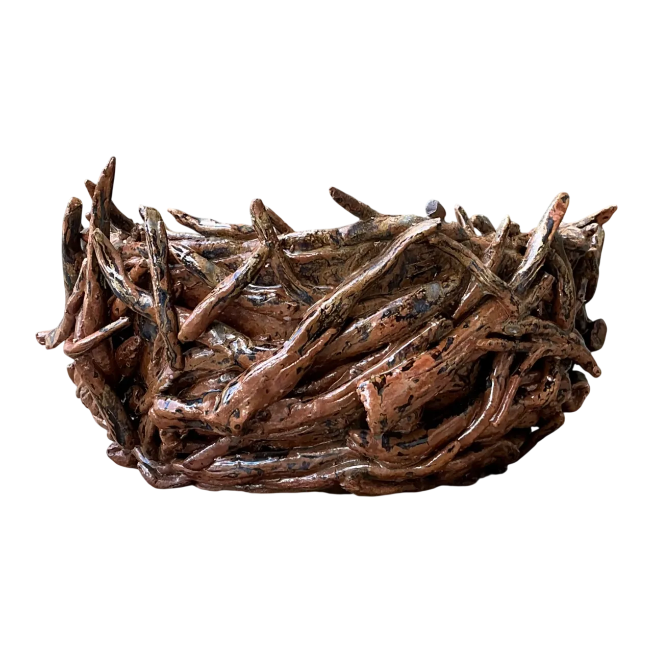 Vintage Rustic Brown Ceramic Twig Bowl