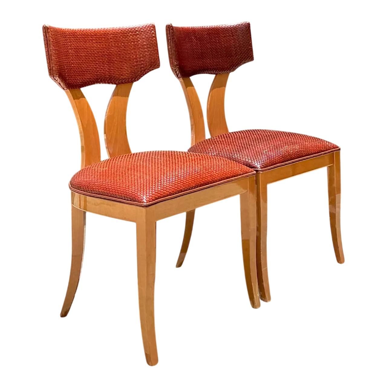 Vintage Wood and Woven Leather Dining Chairs - Pair