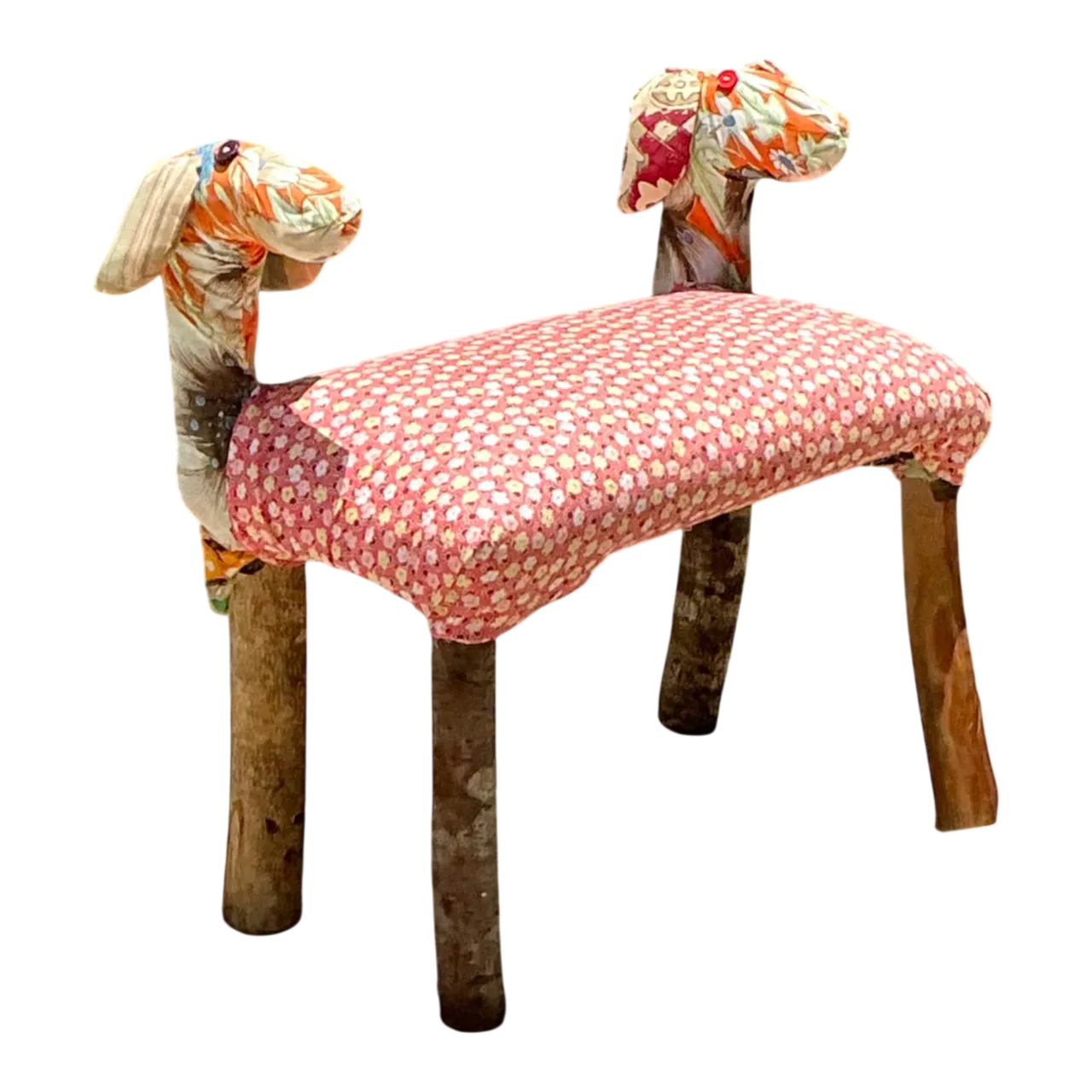 Vintage Handcrafted Textile and Wood Animal Bench