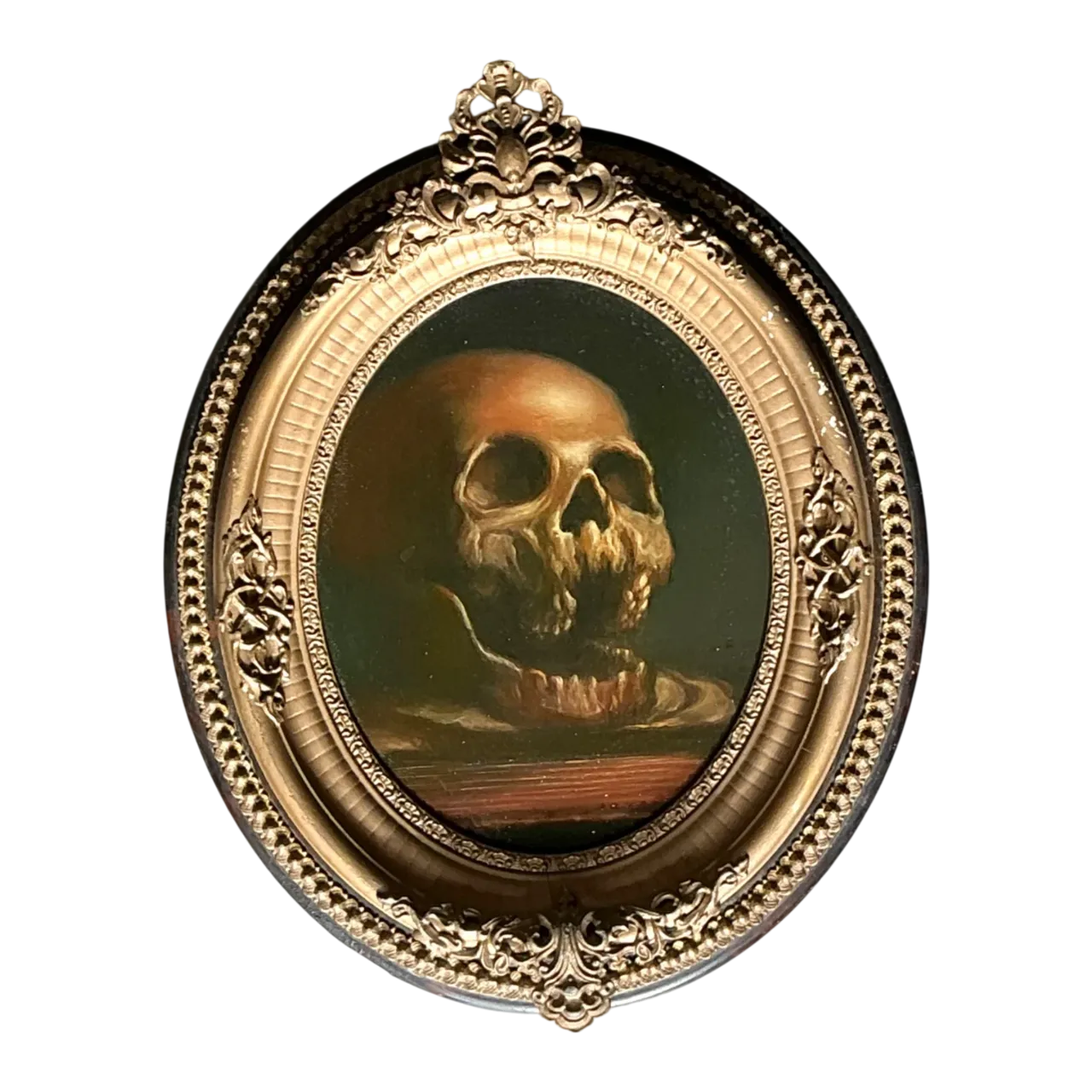 Vintage Skull Oil Painting in Ornate Frame