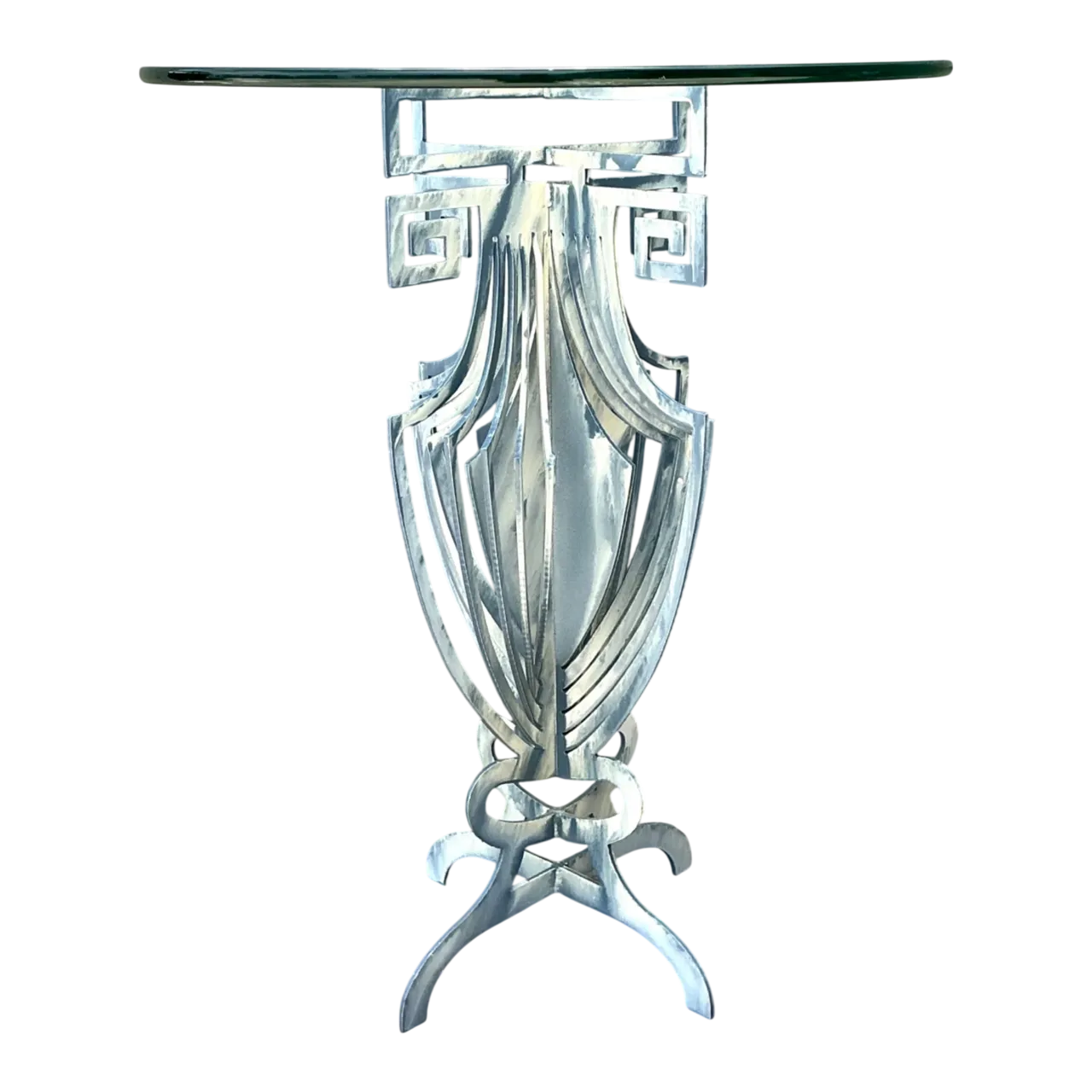 Vintage Greek Key Motif Metal and Glass Drinks Table