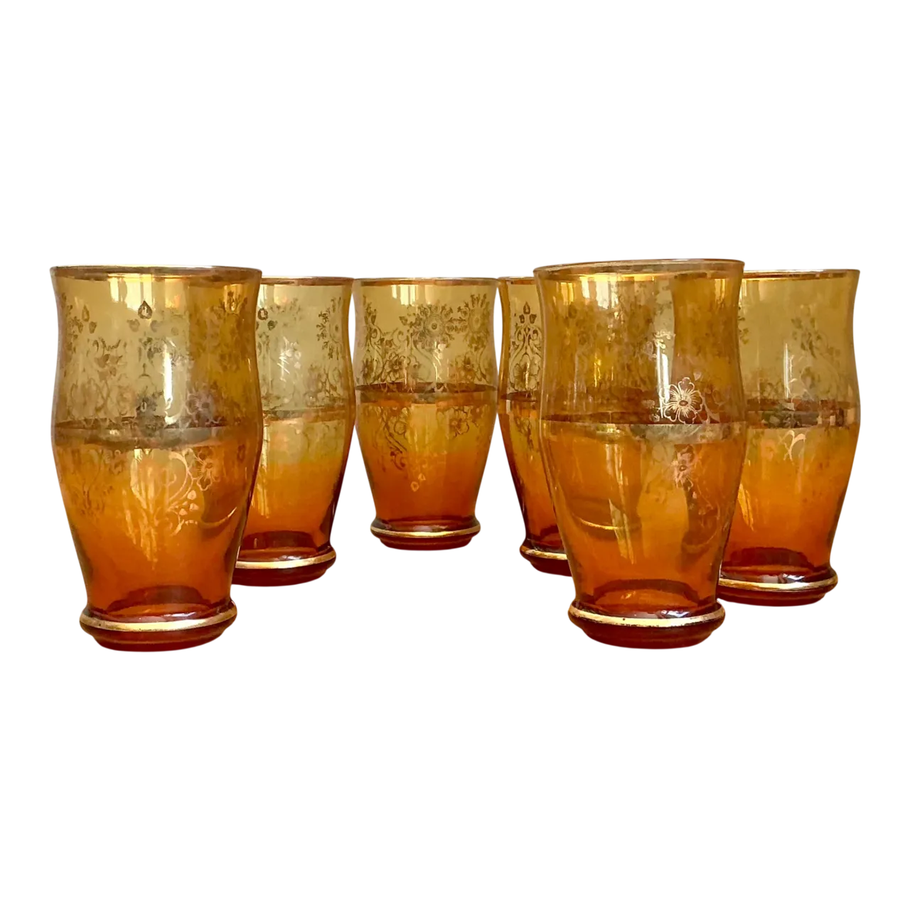 Vintage Amber Floral Glass Tumblers - Set of 6