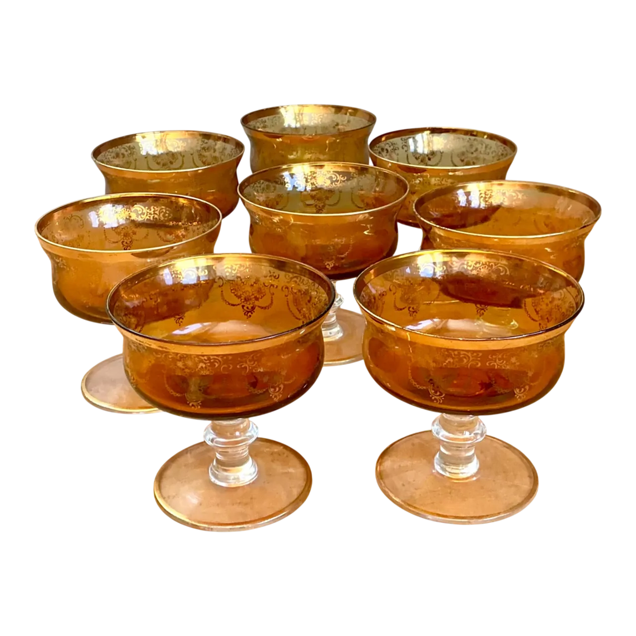 Vintage Amber Floral Glass Coupes - Set of 8