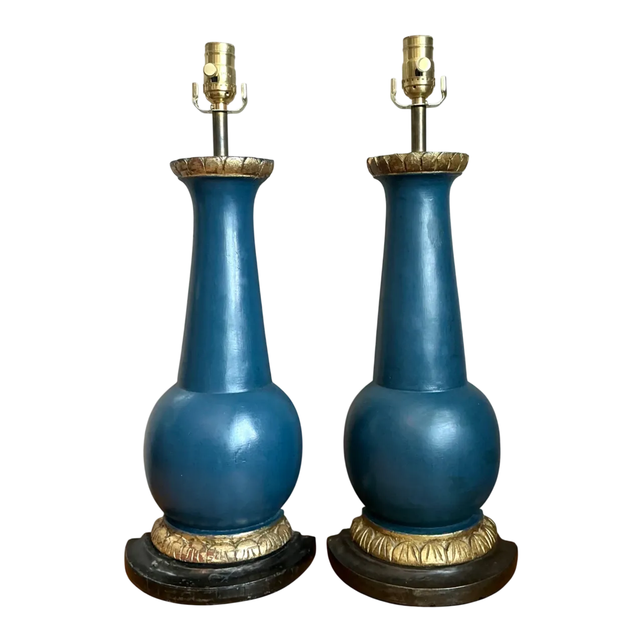 Vintage Blue Gilt Accented Table Wood Half Lamps - Pair