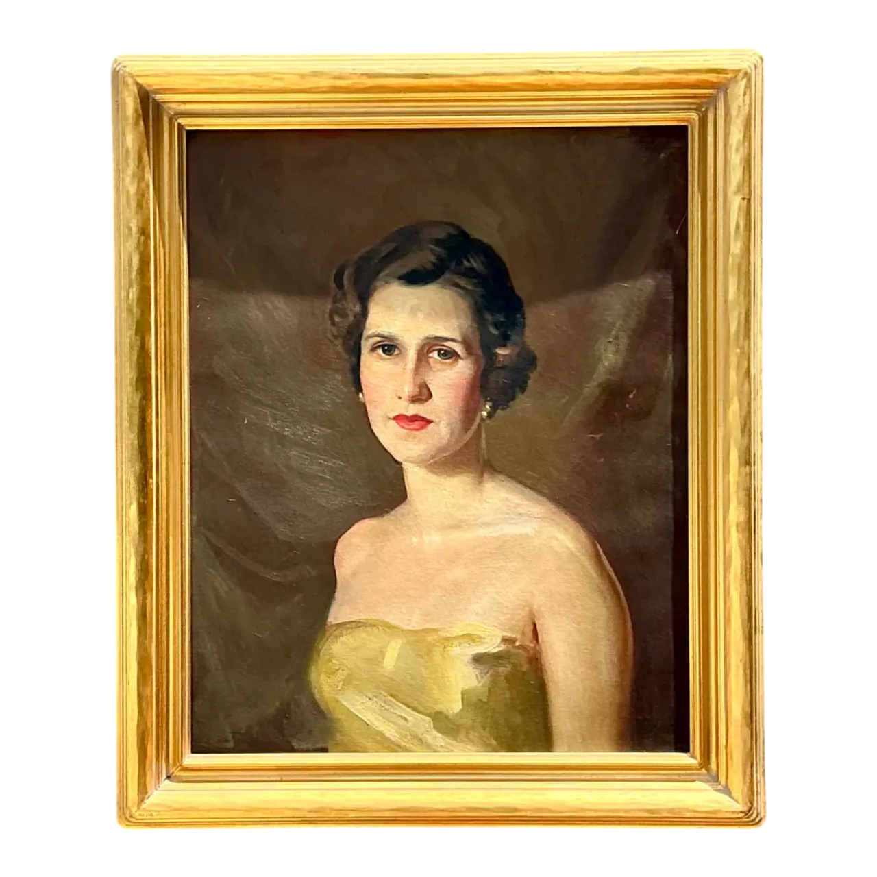 Vintage Oil Portrait of Woman in Gold Dress