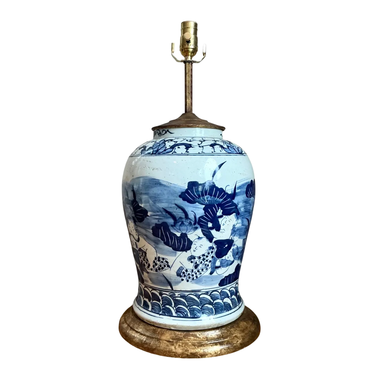 Antique Style Blue Ceramic Lamp with Wooden Base