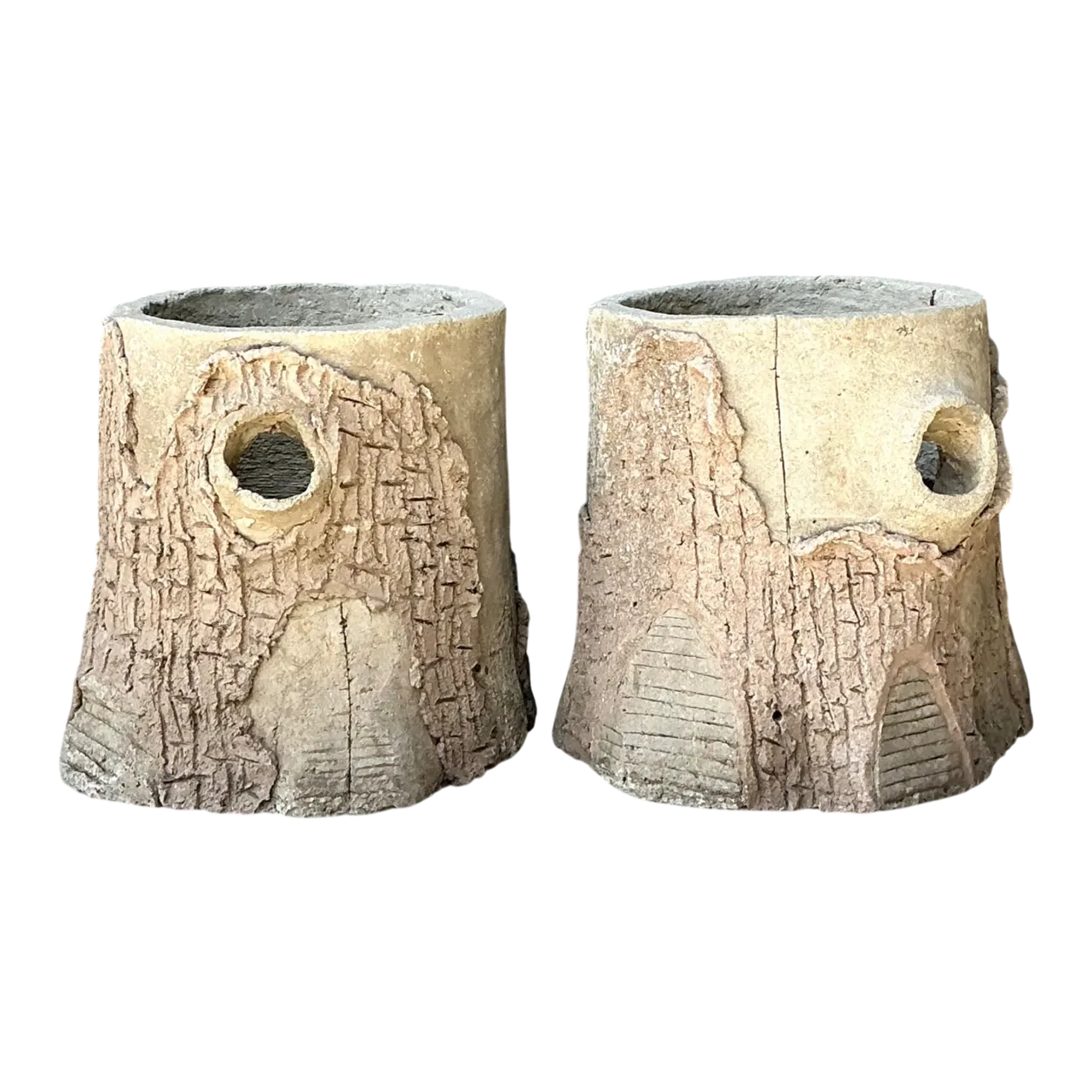 Handcrafted Faux Bois Cement Planters - A Pair