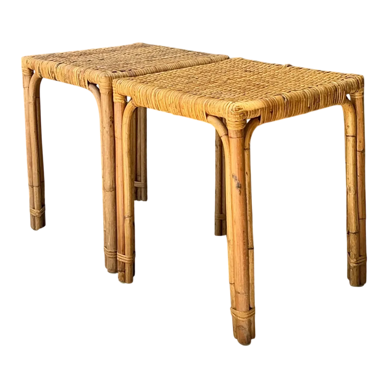 Vintage Woven Rattan Side Tables - Pair