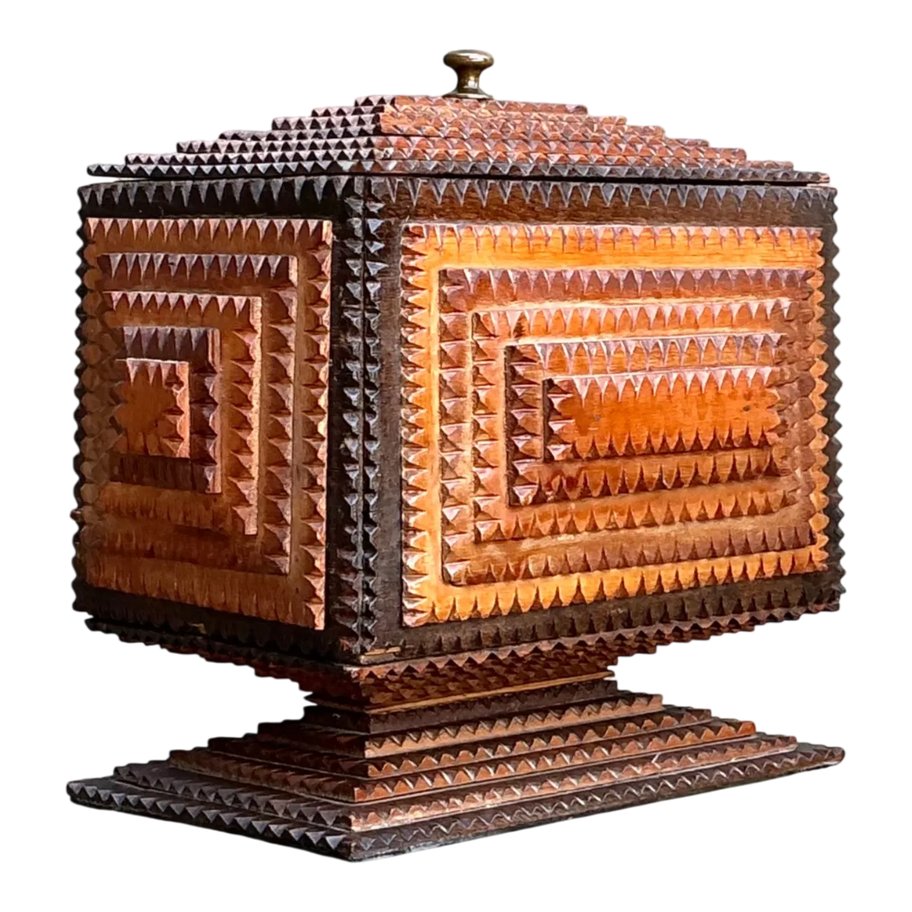 Vintage Tramp Art Wood Box On Pedestal