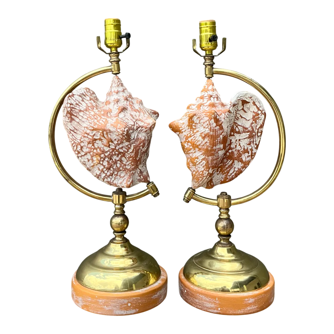 Vintage Brass and Wood Shell Lamps - Pair