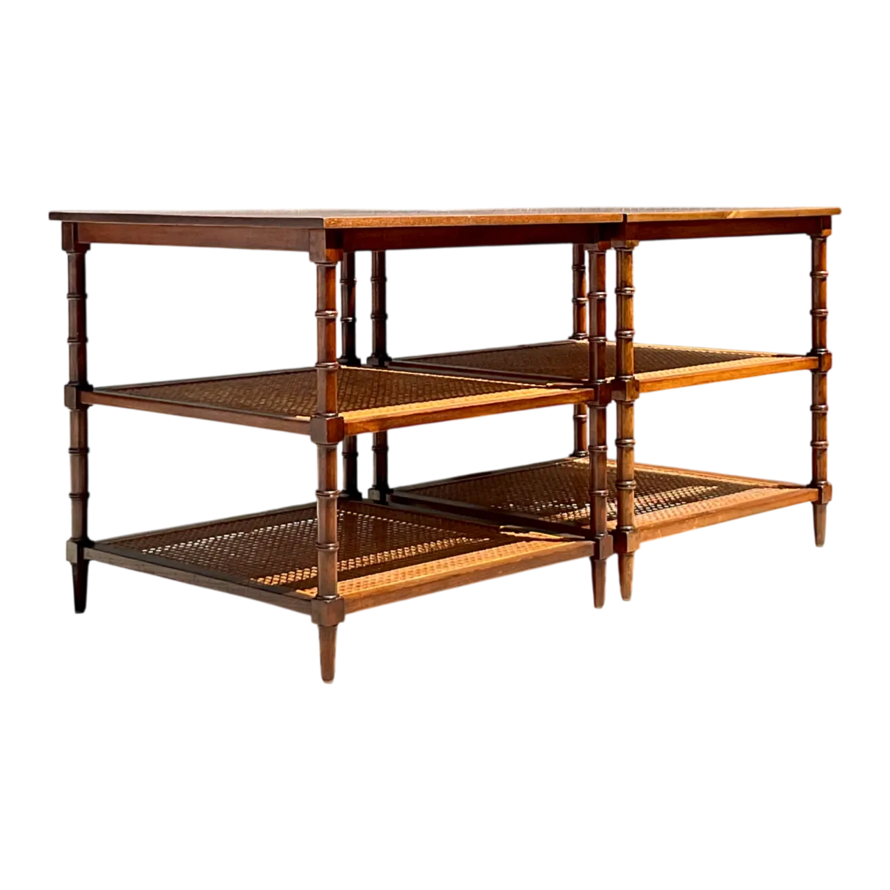 Vintage Wood and Cane Tiered Side Tables