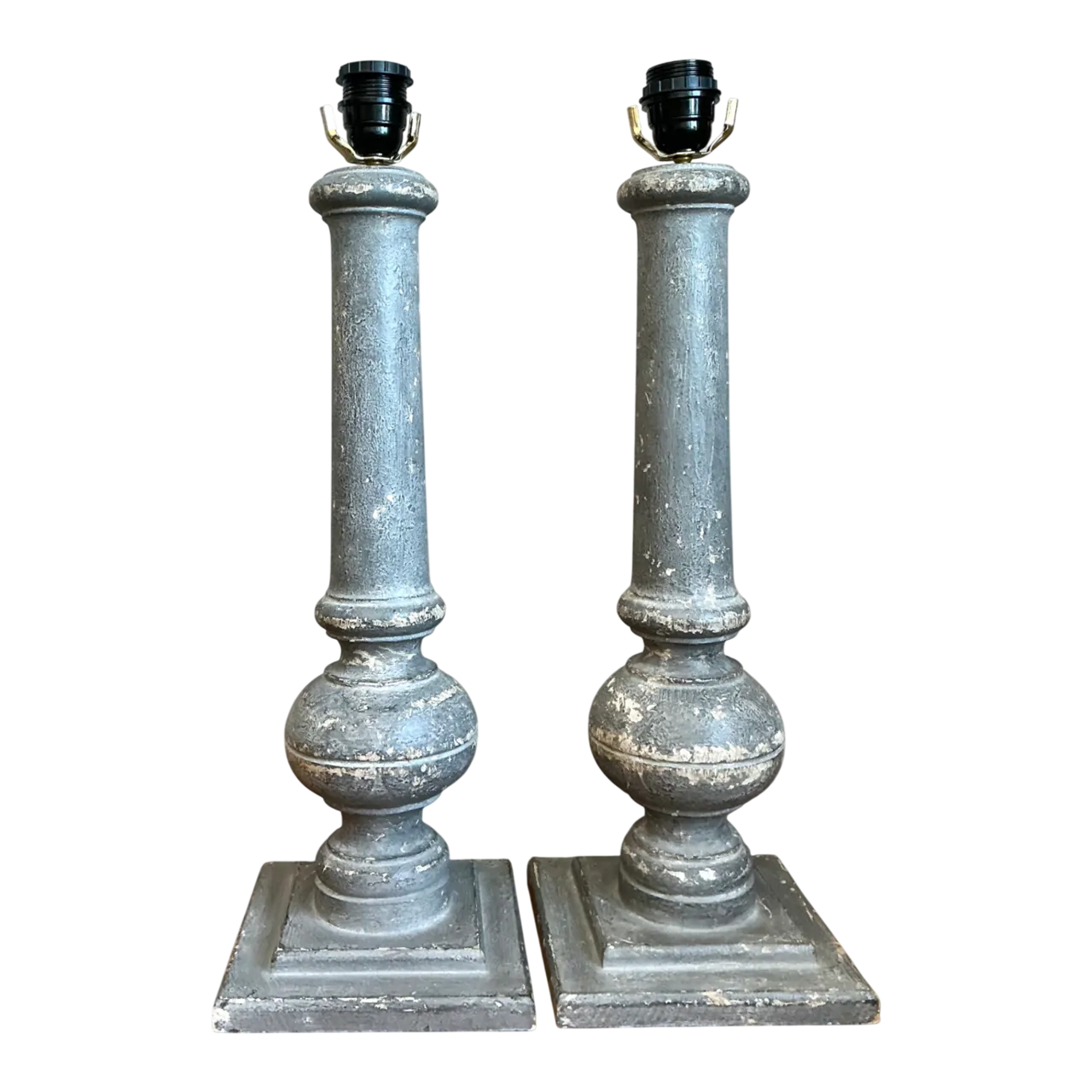 Vintage Distressed Wood Table Lamps - Pair