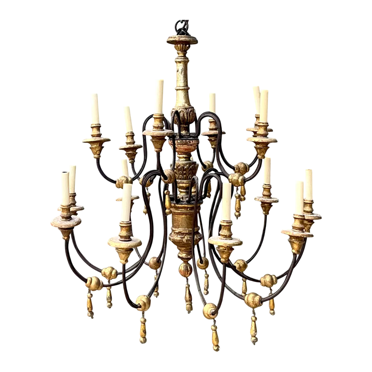 Vintage Gilt Wood and Metal Twelve-Light Chandelier