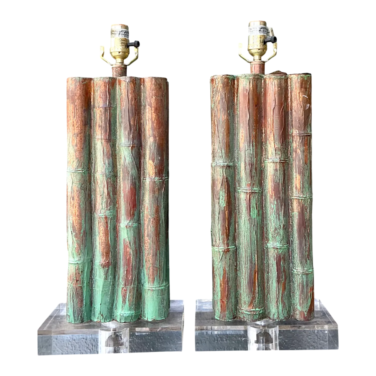 Vintage Faux Bamboo Lamps On Lucite Plinth - A Pair