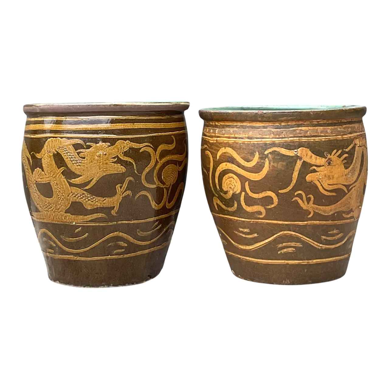 Vintage Chinese Dragon Motif Ceramic Planters - Pair