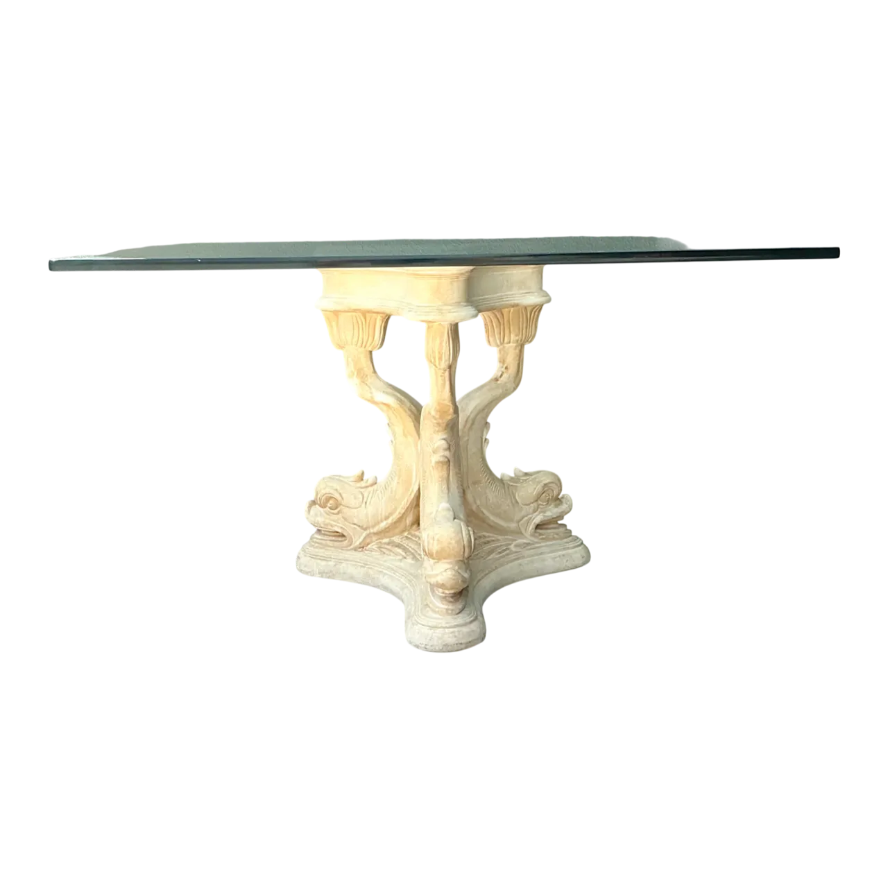 Vintage Plaster Dolphin Base Glass Dining Table