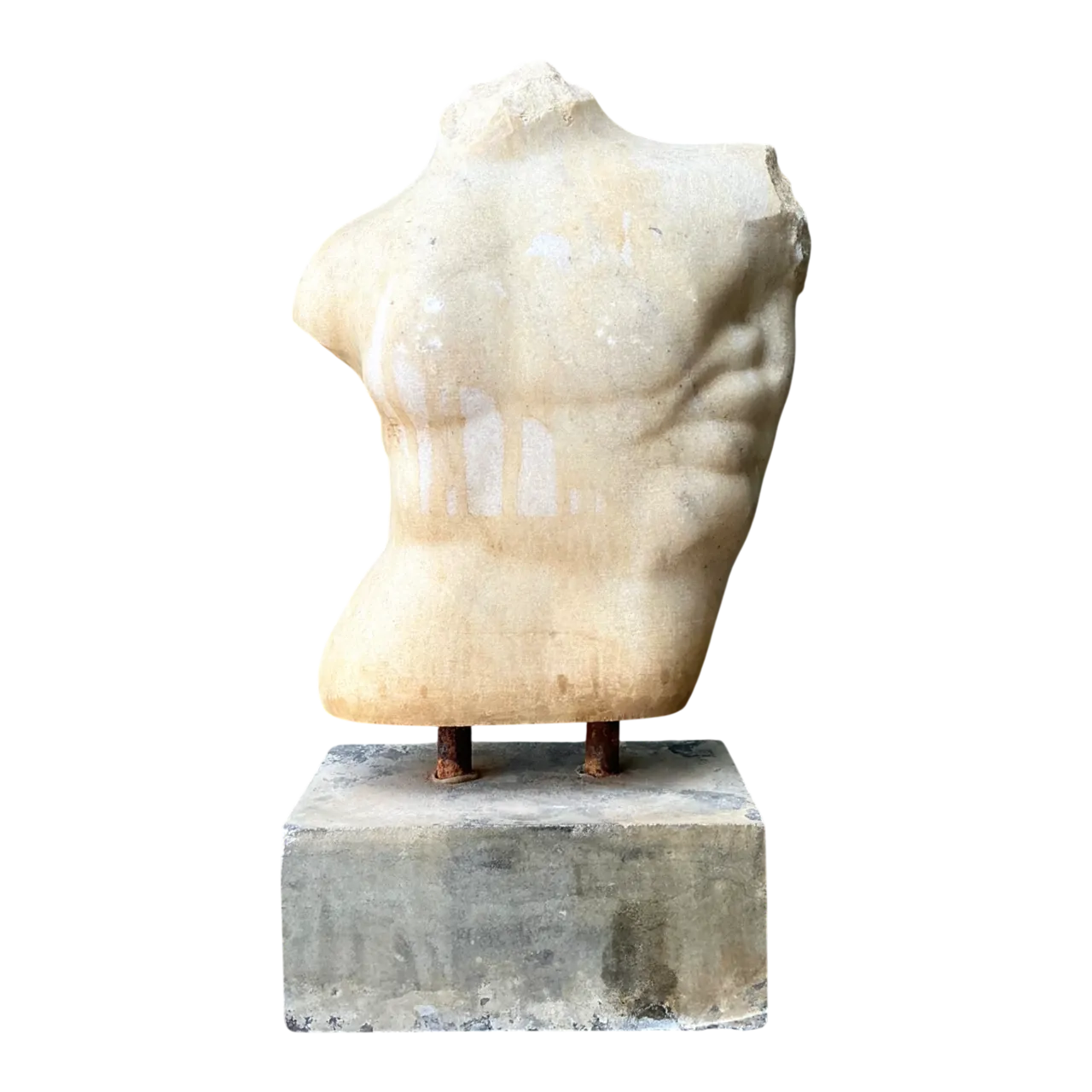 Vintage Stone Torso Sculpture on Cement Base
