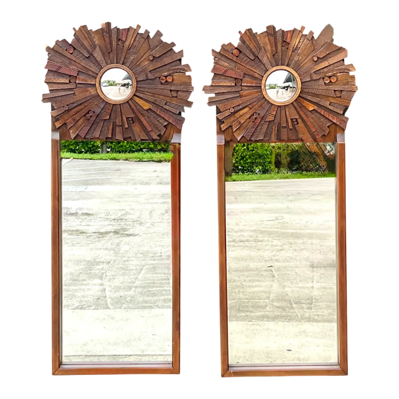 Vintage Brutalist Wood Sunburst Mirrors - A Pair