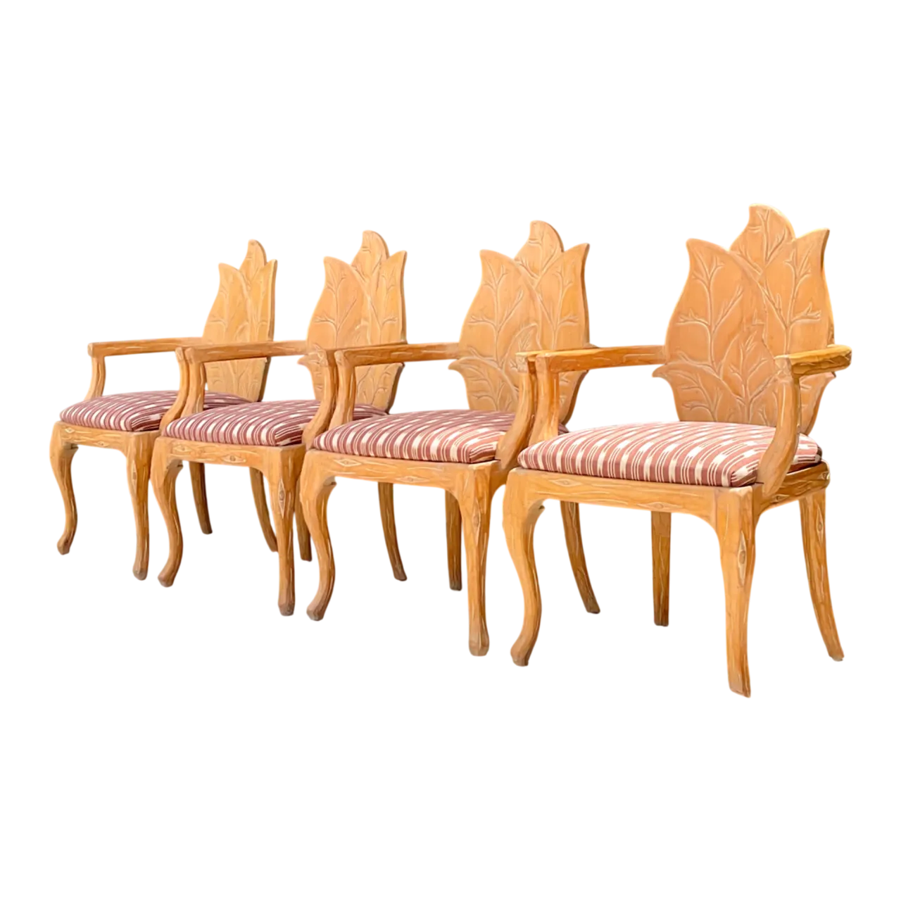 Vintage Carved Wood Leaf Back Chairs - Set of 4