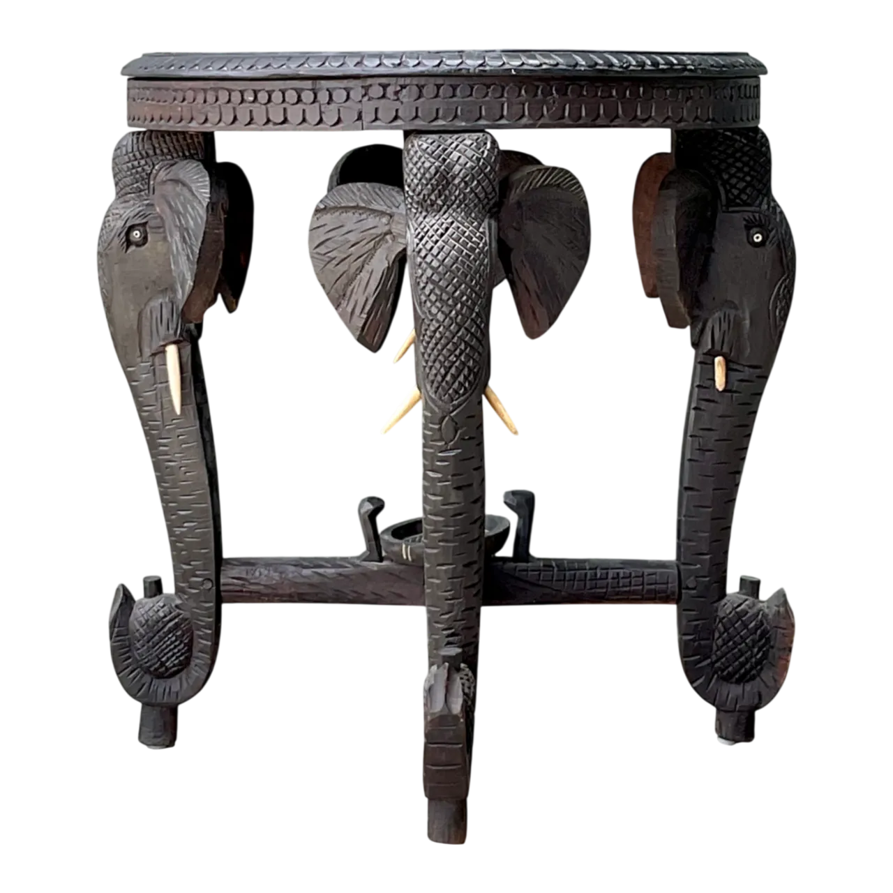 Vintage Carved Wood Elephant Inlay Side Table