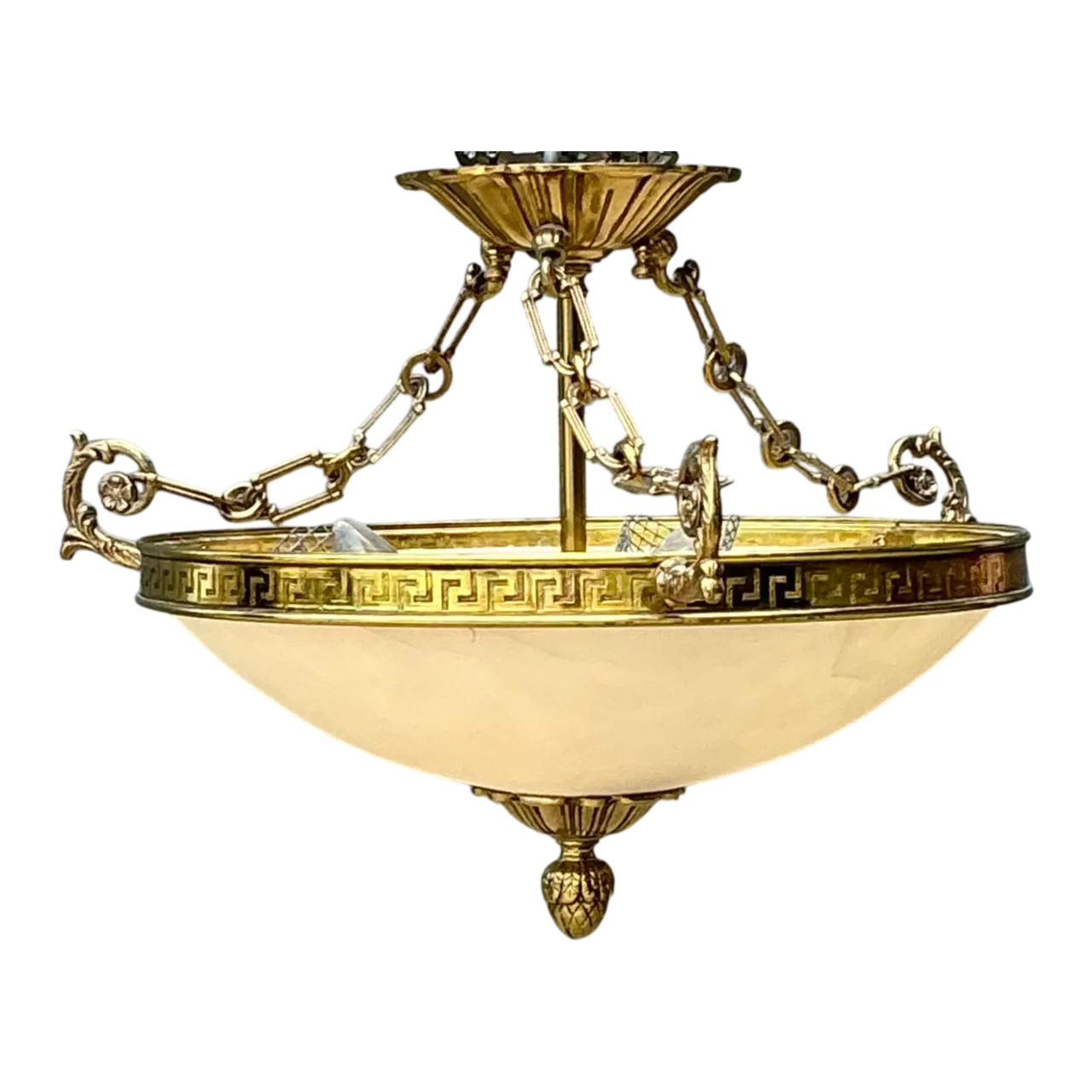 Vintage Metal and Glass Greek Key Pendant Light