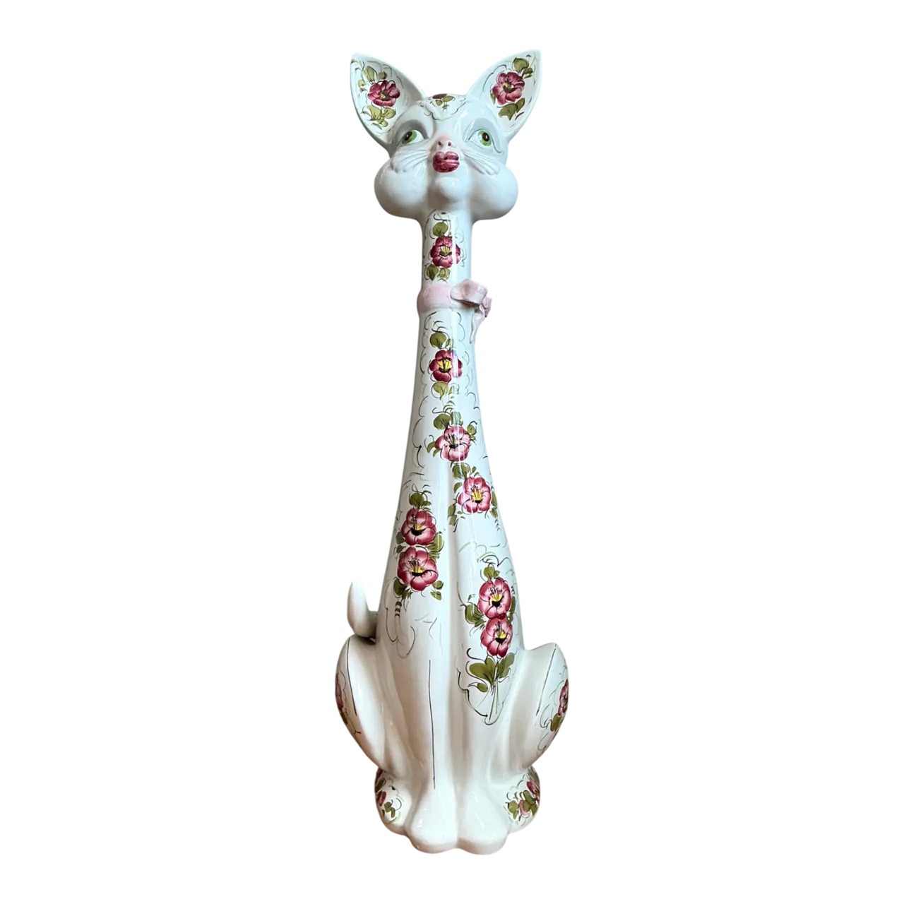 Vintage Italian Floral Hand-Painted Ceramic Cat