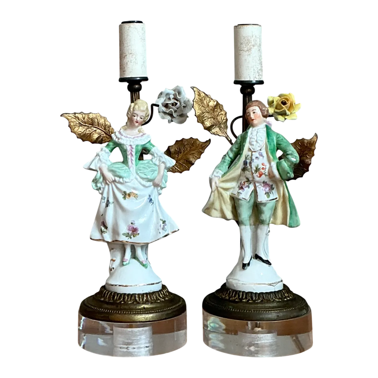 Vintage Lucite Base Porcelain Figurine Lamps