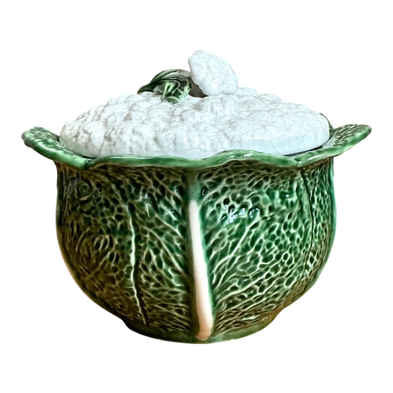 Vintage Portuguese Green Cabbage Leaf Ceramic Tureen