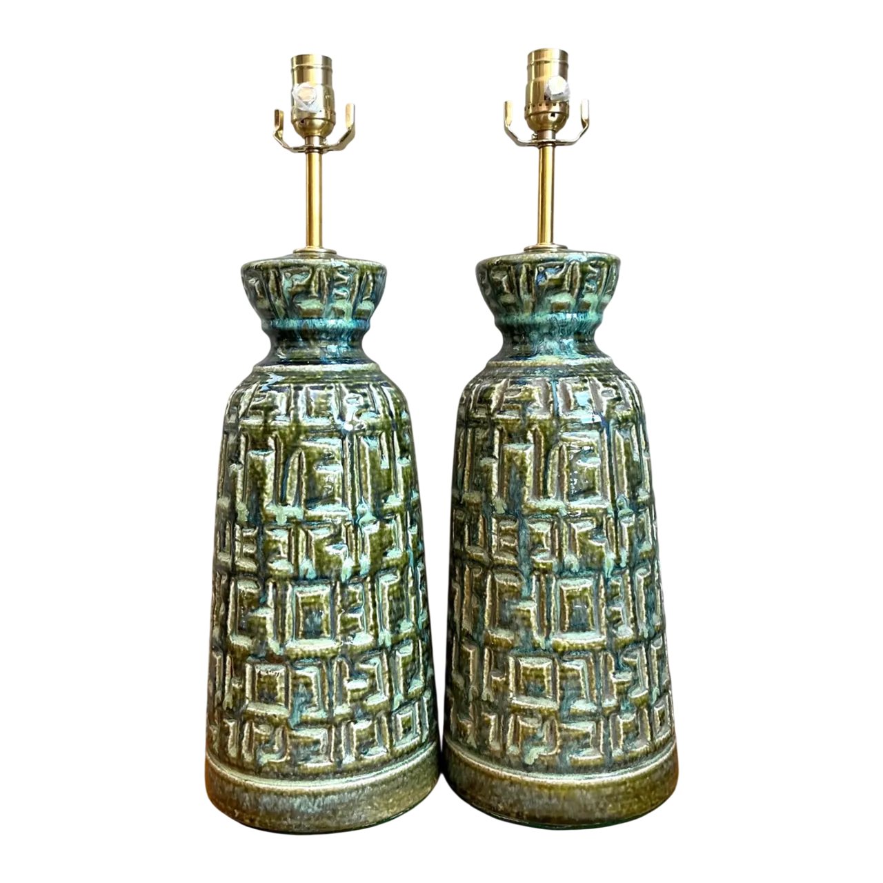 Vintage MCM Green Textured Ceramic Table Lamps