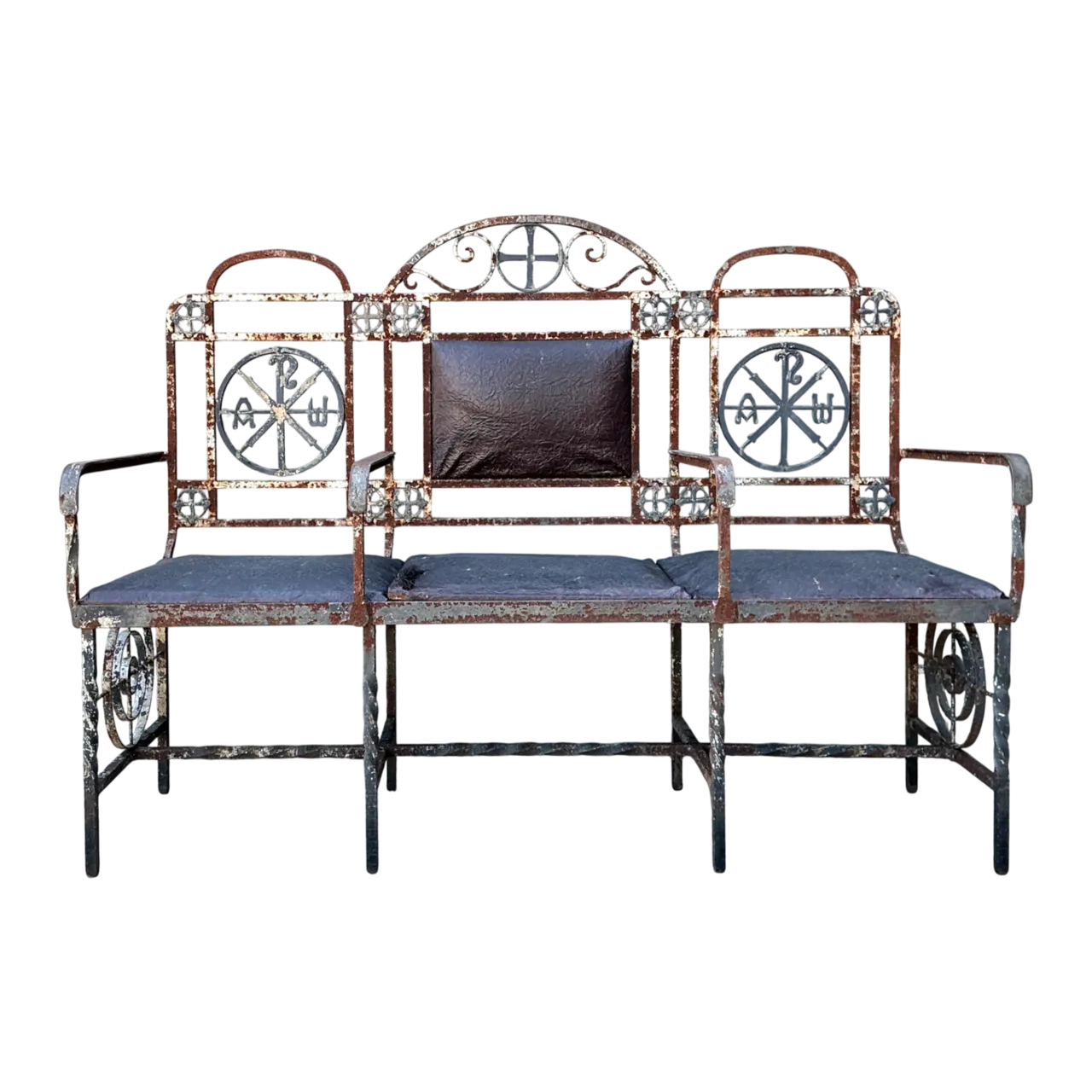 Vintage Distressed Metal and Upholstery Bench