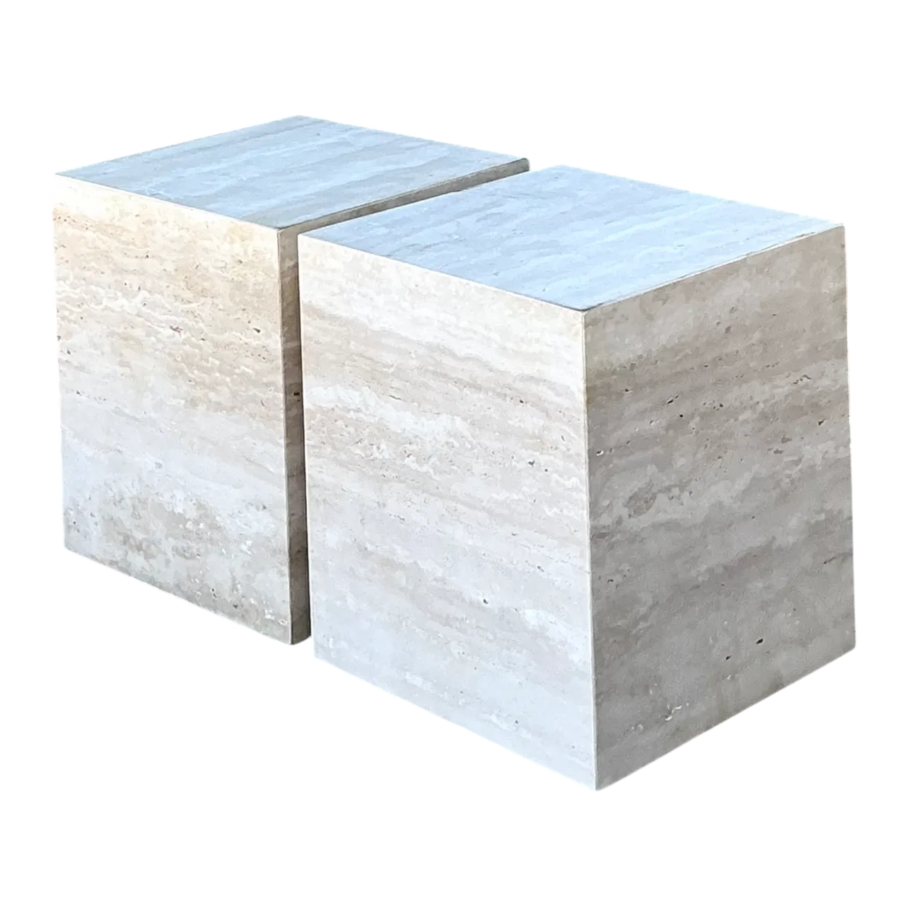 Vintage Travertine Cube Side Tables - A Pair