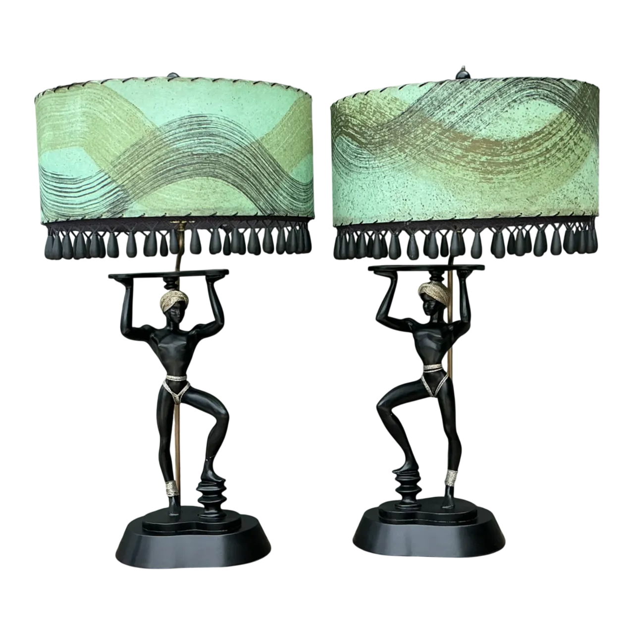 Vintage MCM Figurative Table Lamps with Green Shades - A Pair