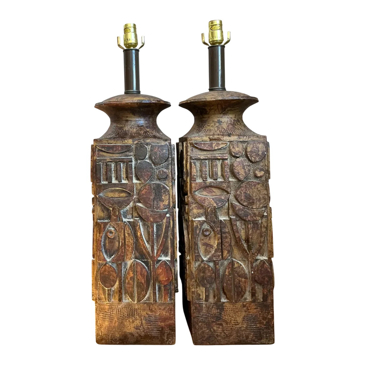 Vintage Abstract Carved Ceramic Lamps - A Pair