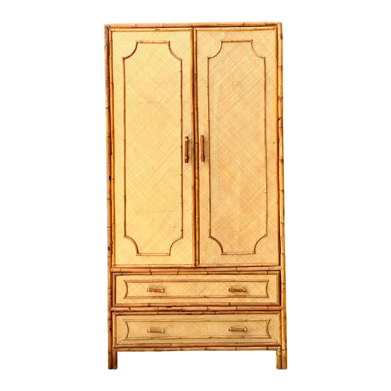 Vintage Notched Bamboo and Rattan Armoire