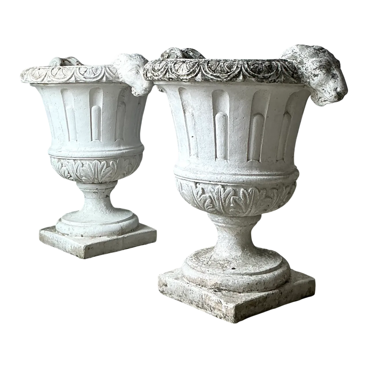 Vintage Cement Ram's Head Planters - Pair